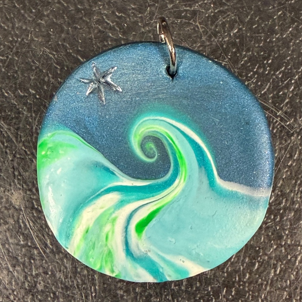 Handmade Polymer Clay Ocean Wave Pendant Blue Green Marbled Round Star Artisan